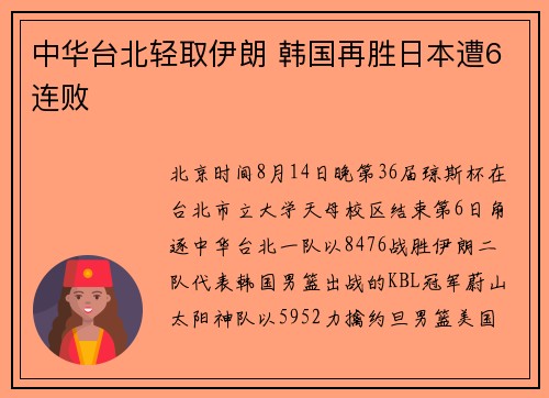 中华台北轻取伊朗 韩国再胜日本遭6连败