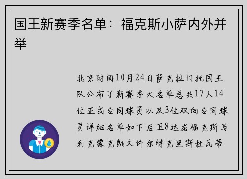 国王新赛季名单：福克斯小萨内外并举